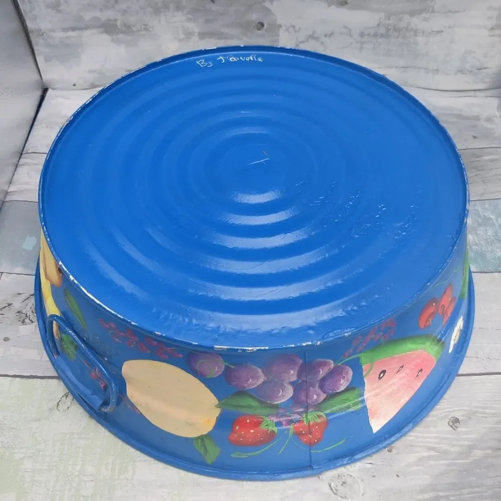 VINTAGE HAND Painted Galvanized Metal Tub Colorful Fruits on Blue
